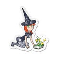 retro distressed sticker of a cartoon witch and spell book Royalty Free Stock Photo