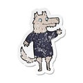 retro distressed sticker of a cartoon wolf businessman