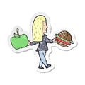 retro distressed sticker of a cartoon woman deciding to eat healthy