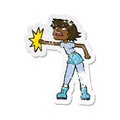 retro distressed sticker of a cartoon woman punching