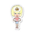 retro distressed sticker of a cartoon woman thinking about junk food