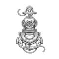 Retro diving helmet and anchor sketch Royalty Free Stock Photo