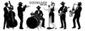 Retro Dixieland Jazz Band of 20s. Flapper girl singing, men playing on double bass, saxophone, banjo, trumpet and drums Royalty Free Stock Photo