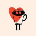 Retro doodle funny character coffee with heart poster. Vintage drink vector illustration. Latte, cappuccino, coffee cup