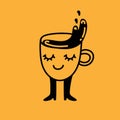 Retro doodle funny character poster. Vintage drink vector illustration. Latte, cappuccino, coffee cup mascot. Nostalgia