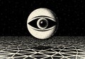 Retro dotwork landscape with 60s or 80s styled alien robotic space eye over the desert planet on the background with old