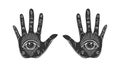 Retro drawing of palms with an all-seeing eye and symbols of the planets, an icon for palmistry, two hands. mystical Royalty Free Stock Photo
