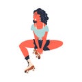 Retro Dressed Brunette Woman Roller Skater in Shorts Sitting and Smiling Vector Illustration