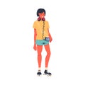 Retro Dressed Man Roller Skater in Shorts with Tape-recorder Roller Skating and Smiling Vector Illustration