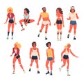 Retro Dressed People Roller Skater Roller Skating and Smiling Vector Set