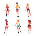 Retro Dressed People Roller Skater Roller Skating and Smiling Vector Set