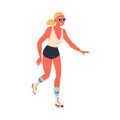 Retro Dressed Woman Roller Skater in Shorts and Sunglasses Roller Skating and Smiling Vector Illustration