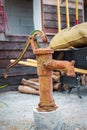 Retro drinking water fountain with hand pump .