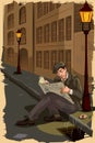 Retro drunken man reading newspaper on street