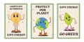 Retro earth cartoon character poster set. Earth Day. Save, protect planet conception. Trendy groovy 70s style illustration