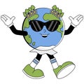 Retro Earth character cartoon groovy style. Funky globe sticker with psychedelic smile face. Earth day or World