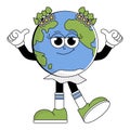 Retro Earth character cartoon groovy style. Funky globe sticker with psychedelic smile face. Earth day or World