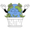 Retro Earth character cartoon groovy style. Funky globe sticker with psychedelic smile face. Earth day or World