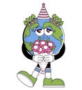 Retro Earth character cartoon groovy style. Funky globe sticker with psychedelic smile face. Earth day or World