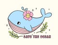Retro Earth Day, cute whale Pastel Doodle Drawing Cartoon Character, save the ocean shirt design printable