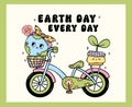 Retro Earth Day, eco friendly bicycle Pastel Doodle Drawing Cartoon Character, shirt design printable