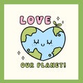 Retro Earth Day, heart shape globe Pastel Doodle Drawing Cartoon Character, shirt design printable