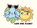 Retro Earth Day, melted globe and sun Pastel Doodle Drawing Cartoon Character, save our planet shirt design printable
