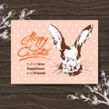 Retro Easter card. Sketch watercolor Easter rabbit. Hand drawn illustration wooden background Royalty Free Stock Photo