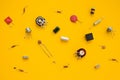 Retro electronic components  in yellow background, concept. The flat composition Royalty Free Stock Photo
