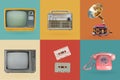 Retro electronics set. Nostalgic collectibles from the past 1980s - 1990s.