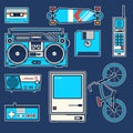 Retro elements bicycle, phone,computer, diskette, skateboard, Joystick, boombox,cassette, radio Vintage vector graphic