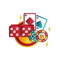 Retro emblem for casino or poker club with playing cards, chips and dice. Games for money. Colorful logo template Royalty Free Stock Photo