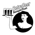 Retro emblem of pinup girl carrying a tray with beer