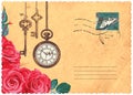 Retro envelope with beautiful roses and old clock Royalty Free Stock Photo