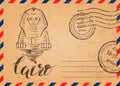 Retro envelope with stamps, Cairo label with hand drawn Sphinx, lettering Cairo