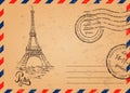 Retro envelope with stamps, Eiffel Tower Royalty Free Stock Photo