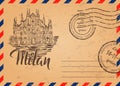 Retro envelope with stamps, Milan label with hand drawn Milan Cathedral Royalty Free Stock Photo