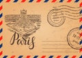 Retro envelope with stamps, Paris label with hand drawn the Louvre