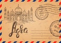 Retro envelope with stamps, the Taj Mahal