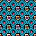 Retro exotic colorful flowers on blue checkered background pattern