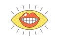 Retro eye with pink lipstick female smiling mouth. Psychedelic groovy hippie style bizarre design. Vintage hippy crazy
