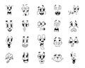 Retro faces, vintage mascot eyes and quirky mouth. Funny comic simple characters collection, animation logo collage