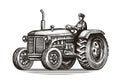 Retro farm tractor, sketch. Vintage vector illustration