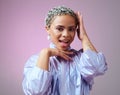 Retro fashion, black woman and happy portrait, unique makeup and neon style on pink studio background. Funky, bold and Royalty Free Stock Photo
