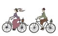 Retro fashion dressed man and woman riding bicycles
