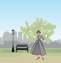 Retro fashion dressed woman 1950`s 1960`s style in city park landscape. Stylish young lady in vintage clothes in spring city Royalty Free Stock Photo