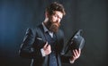 Retro fashion hat. Man with hat. Vintage fashion. Man well groomed bearded gentleman on dark background. Male fashion Royalty Free Stock Photo