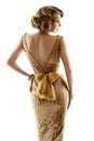 Retro Fashion Model Gold Dress, Woman Old Fashioned Beauty, Back View, White Royalty Free Stock Photo