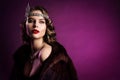 Retro Fashion Model in Fur Coat, Diadem, Woman Beauty Vintage Hairstyle Makeup, Old Fashioned Portrait over Purple Background