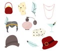 Retro fashion 1920s 1930s accessories with women hats, clothes, jewelry vector illustration.